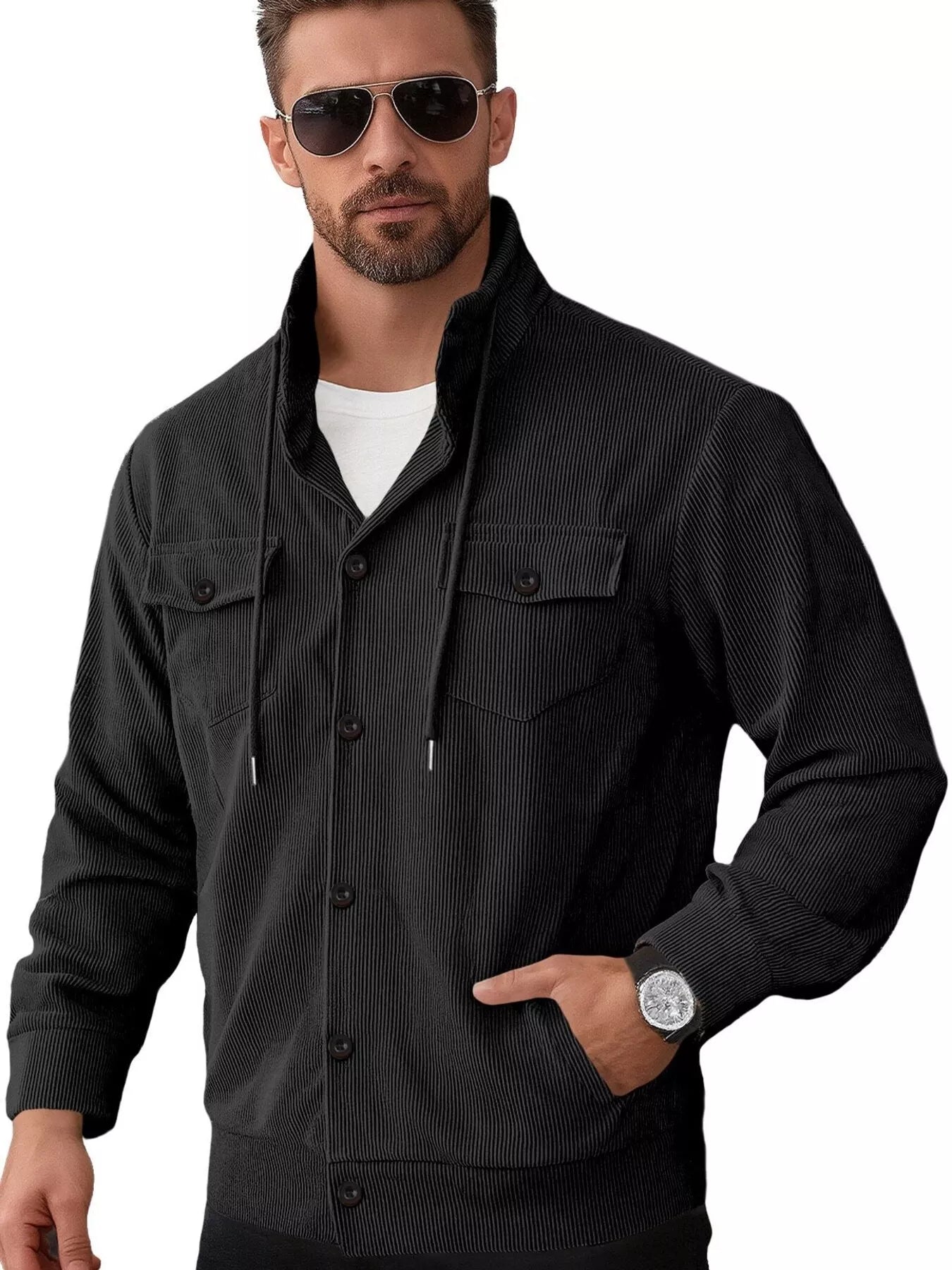 Model wearing a Men's black Casual Corduroy Chic Button-Down Jacket 