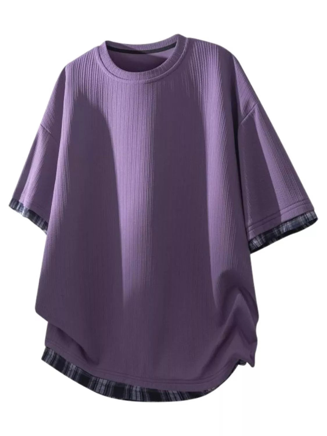 Men's Short Sleeve Plaid Trim purple T-Shirt