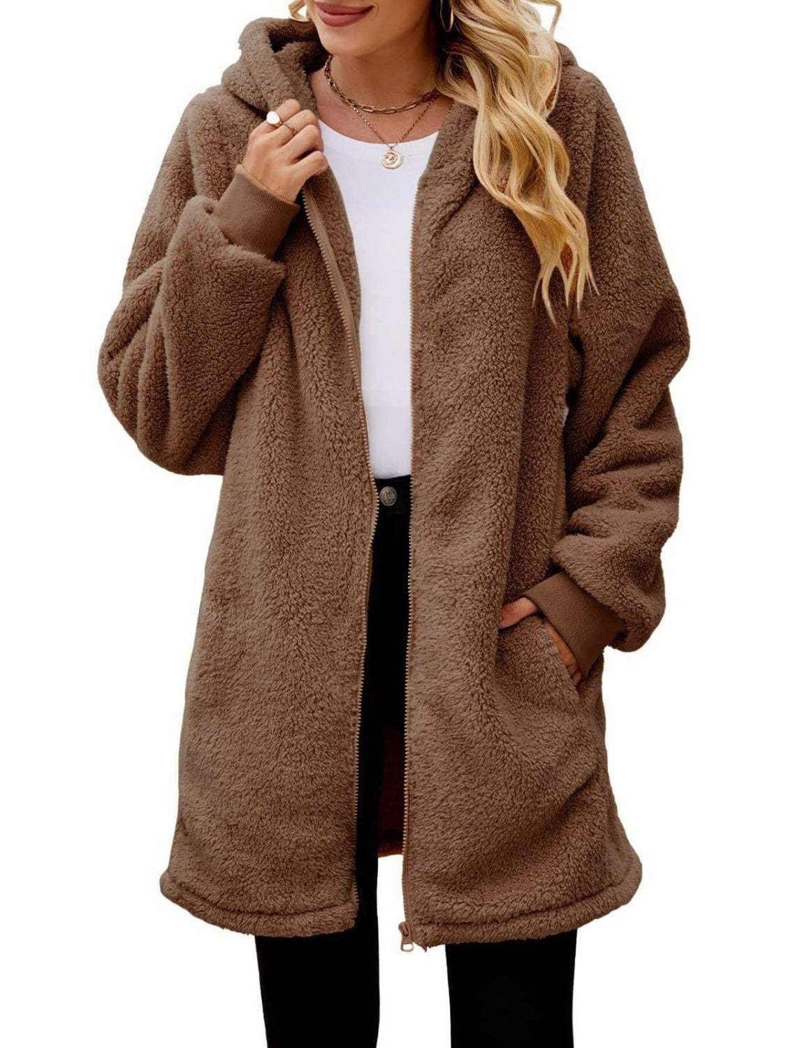 Model wearing a Brown Cozy Women's Fuzzy Pocketed Hooded Jacket