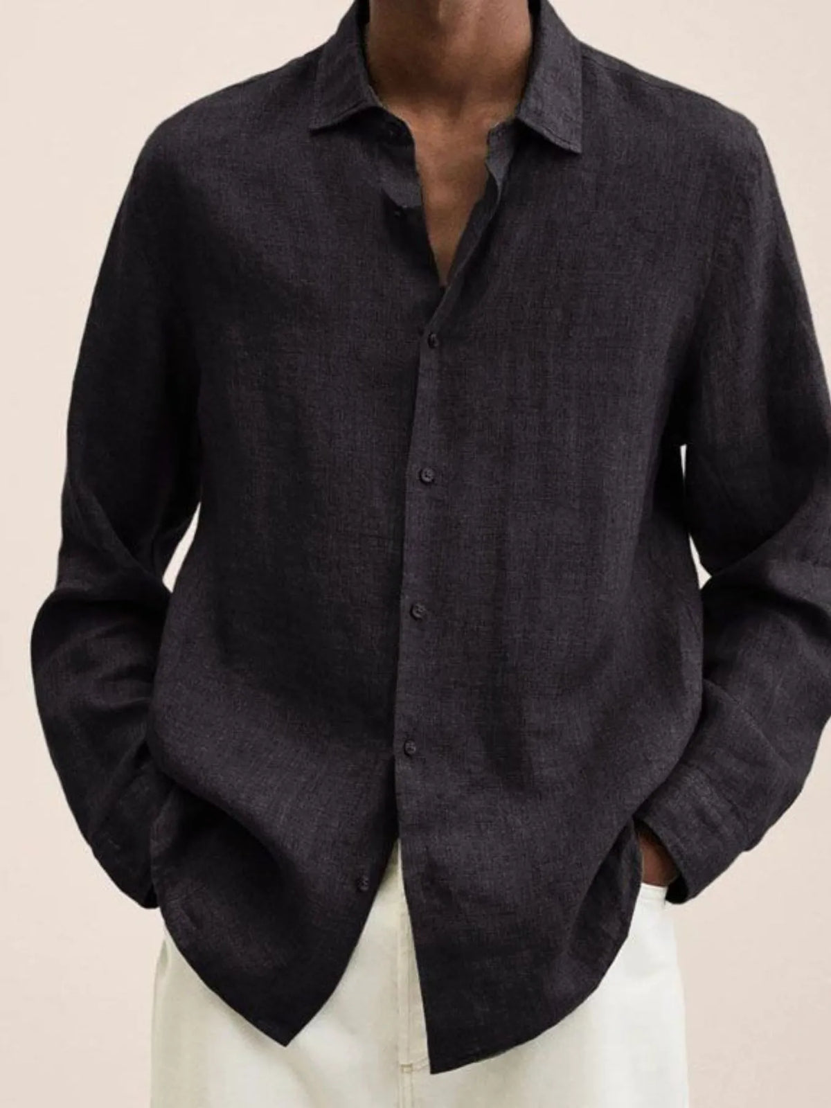  Model wearing a Men's Urban Casual black Button-Down Long Sleeve Shirt 