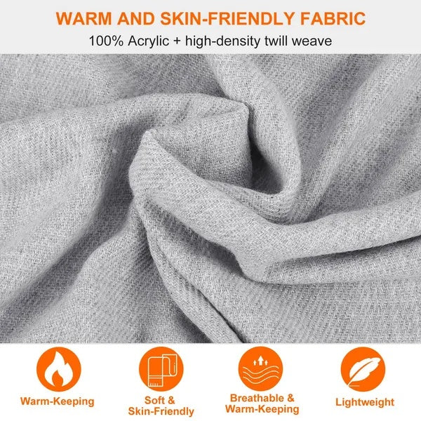 Gray fabric with text about warm and skin-friendly fabric properties