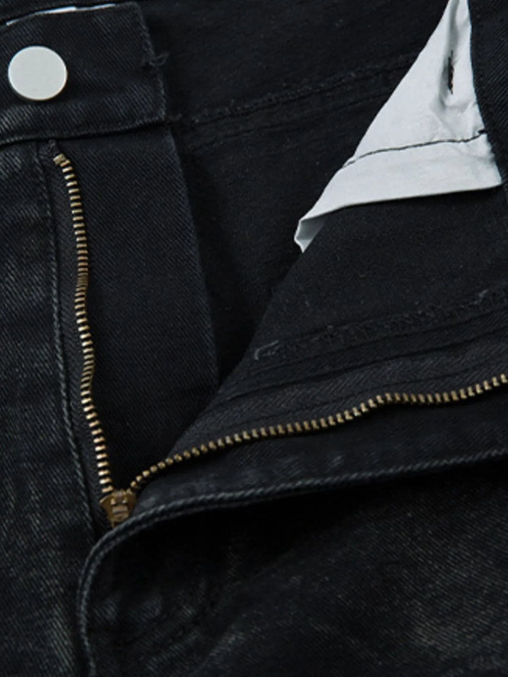  Men's black Wide Leg Jeans with Edgy Ruched Detail zipper detail view