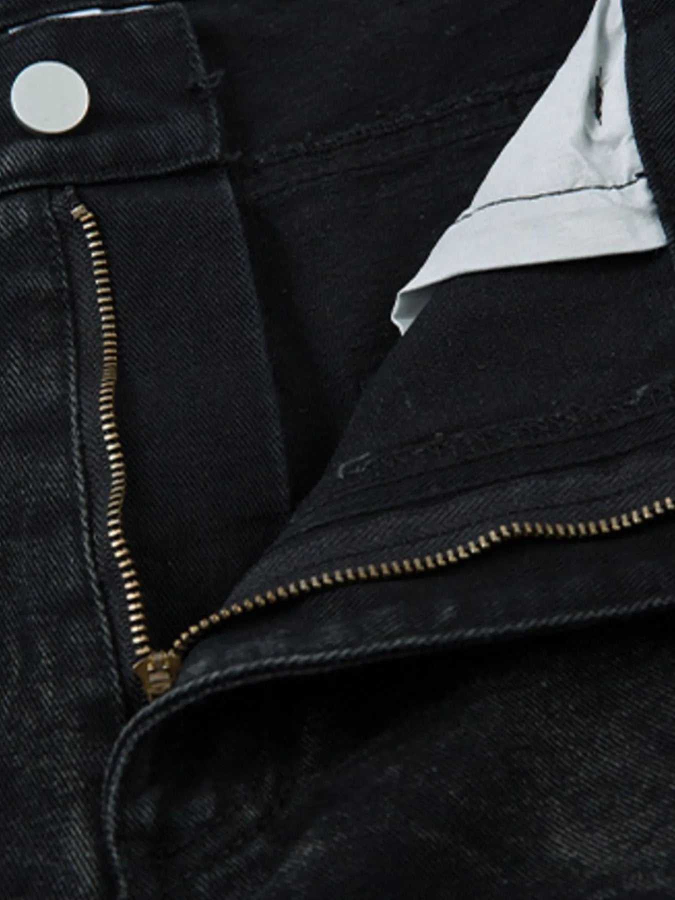  Men's black Wide Leg Jeans with Edgy Ruched Detail zipper detail view