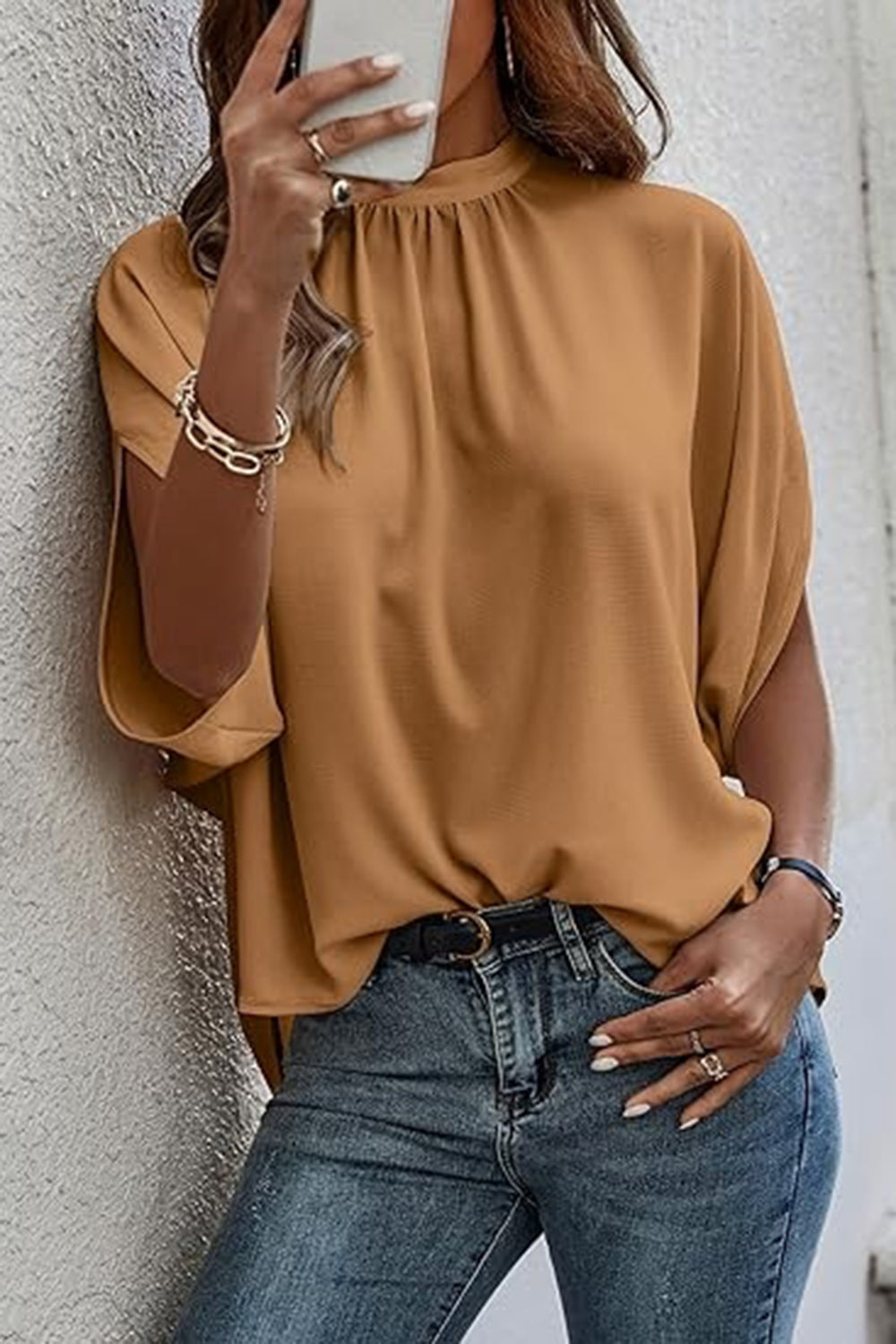 Model wearing an Exquisite Women's Camel Tie Back Slit Half Sleeve Blouse