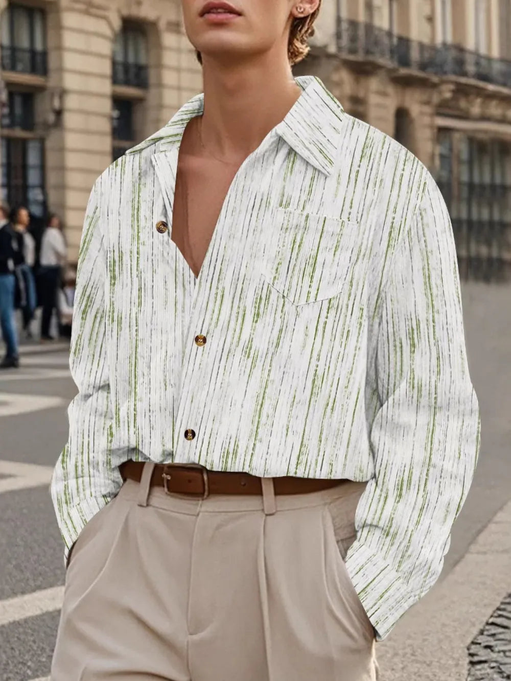 Men's lime Business Relaxed Long Sleeve Striped Shirt
