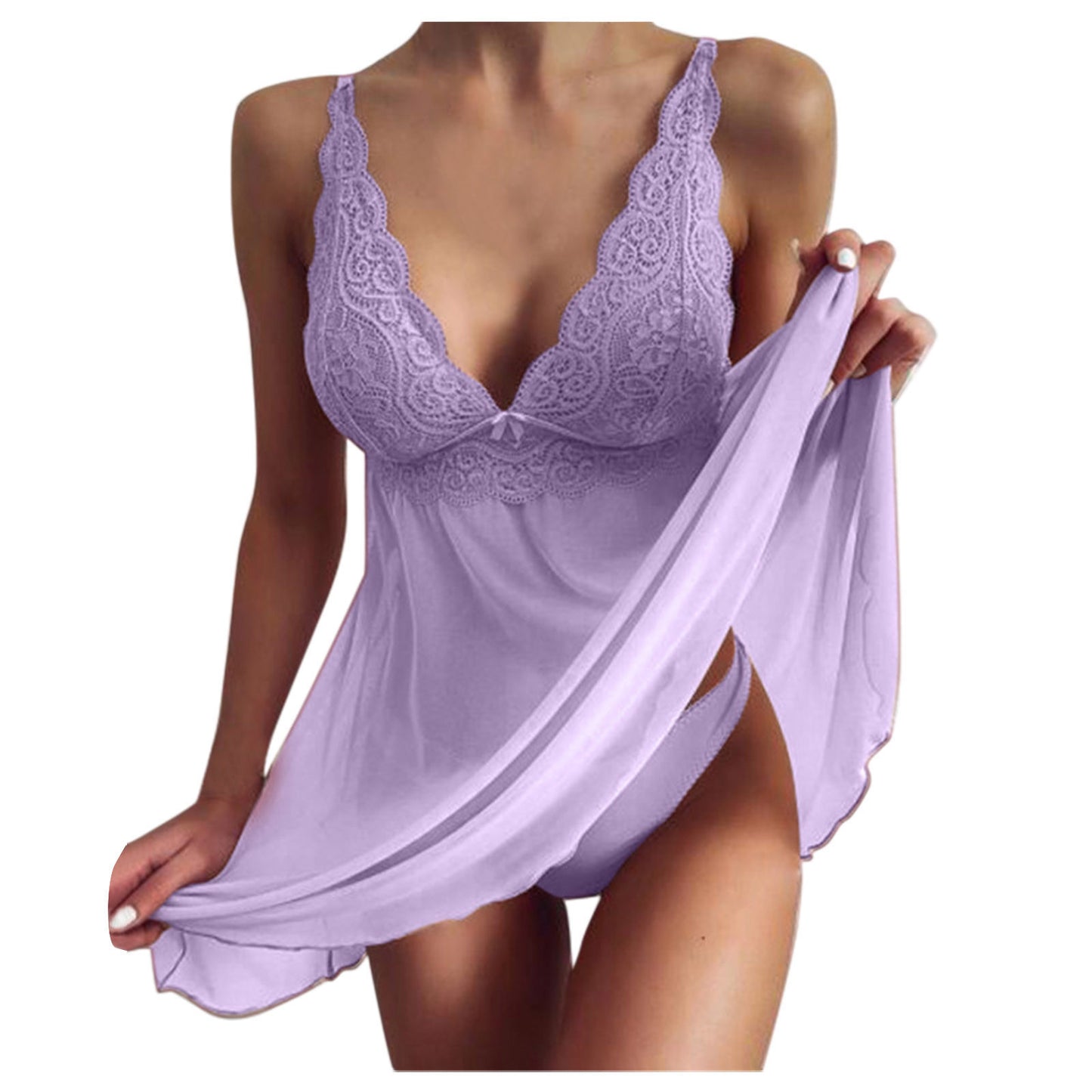 Lavender lace nightgown with sheer fabric being held by a person on a white background