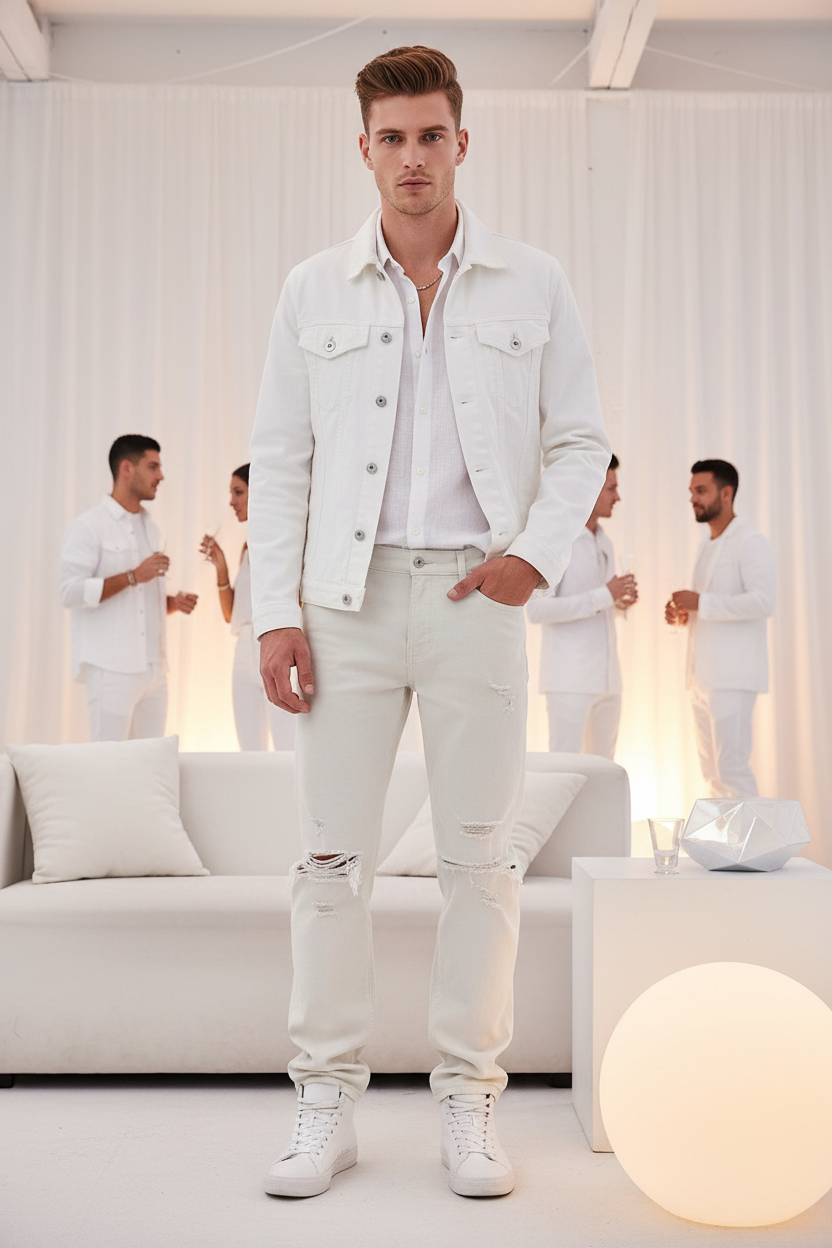 Men's White Distressed Wash Straight Leg Jeans
