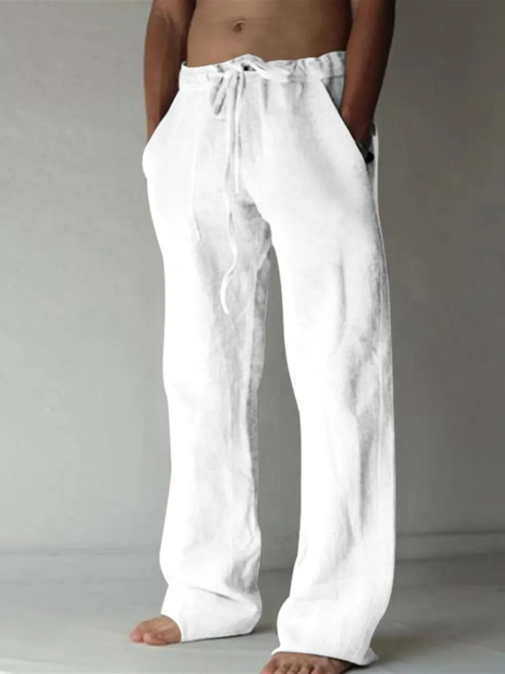 White linen Drawstring Loose Fit Pants  worn by a male model