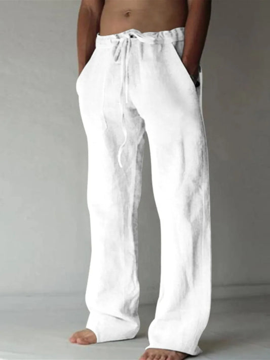 White linen Drawstring Loose Fit Pants  worn by a male model