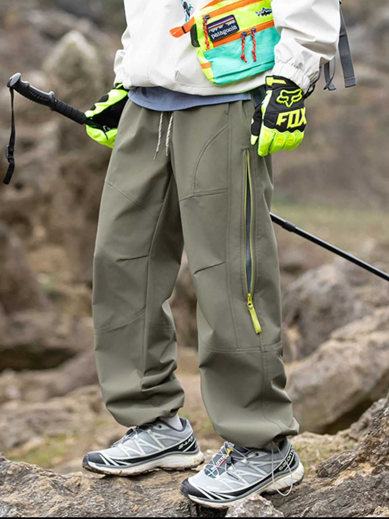 Model wearing Moss colored Men's Trailblazers (Hiking) Drawstring Wide Leg Pants