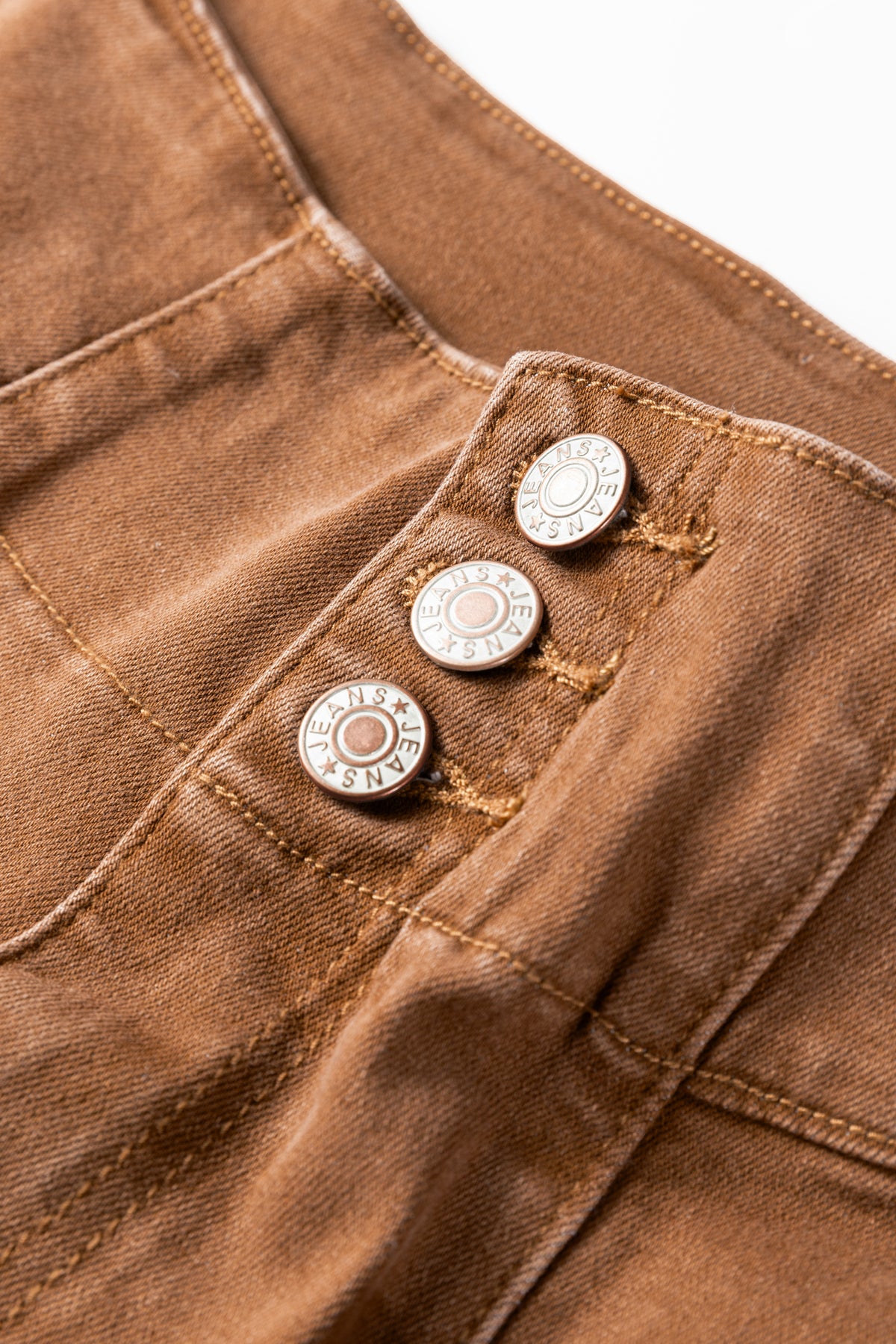 Women's Vintage Copper High-Waist Jeans close up button waist detail view 