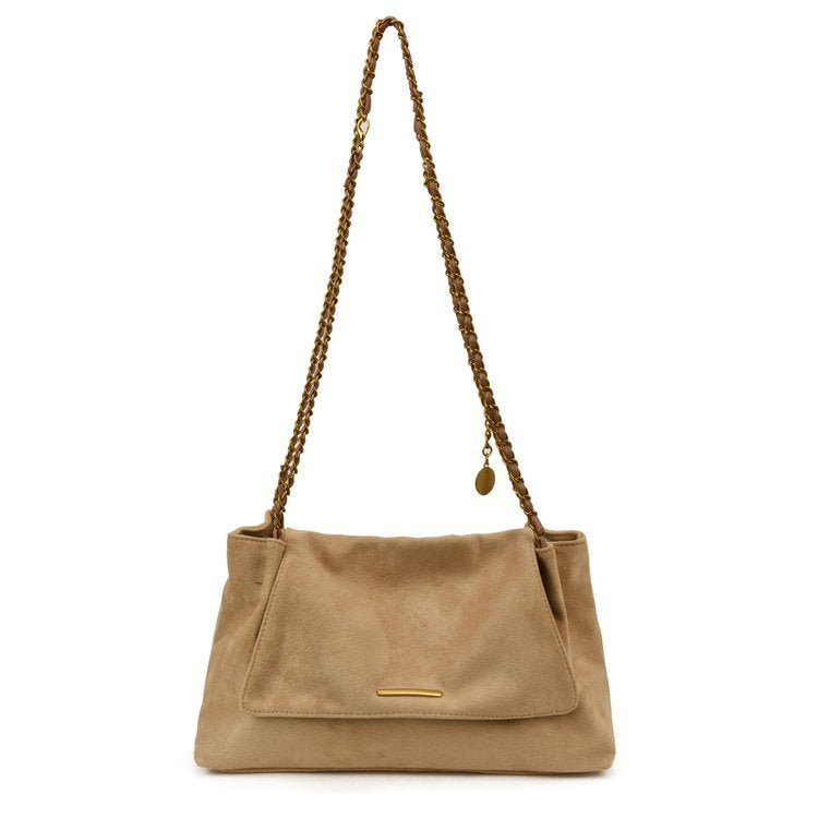 Beige handbag with a braided strap on a white background