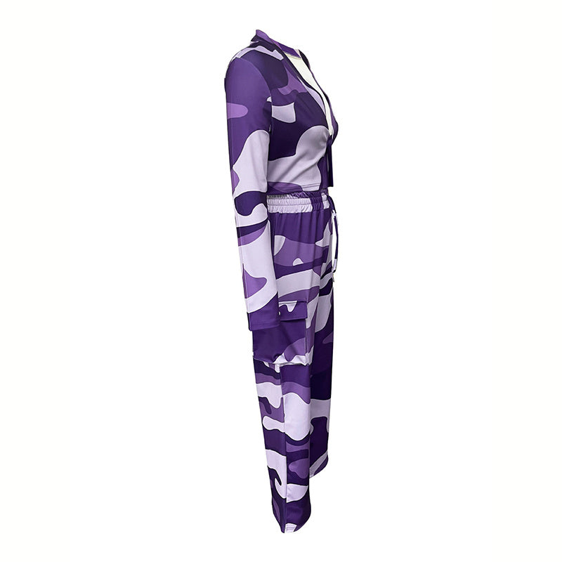 Camo Canvas: V-Neck Crop Top & Drawstring Cargo Pants 2-Piece Set for Edgy Seasons