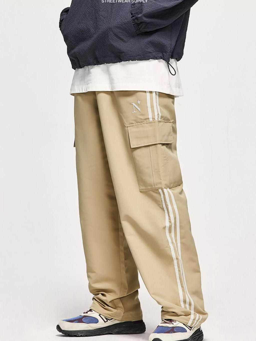 Khaki Men's Side Striped Cargo Pants side view