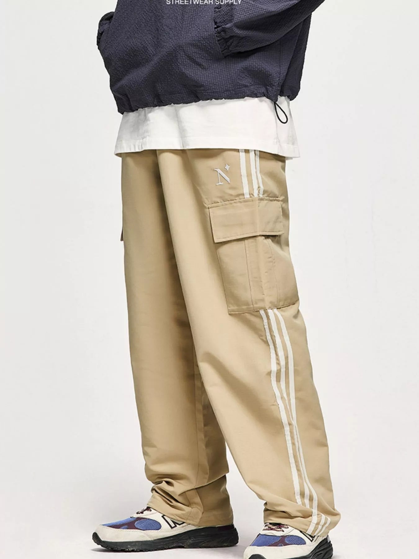Khaki Men's Side Striped Cargo Pants side view