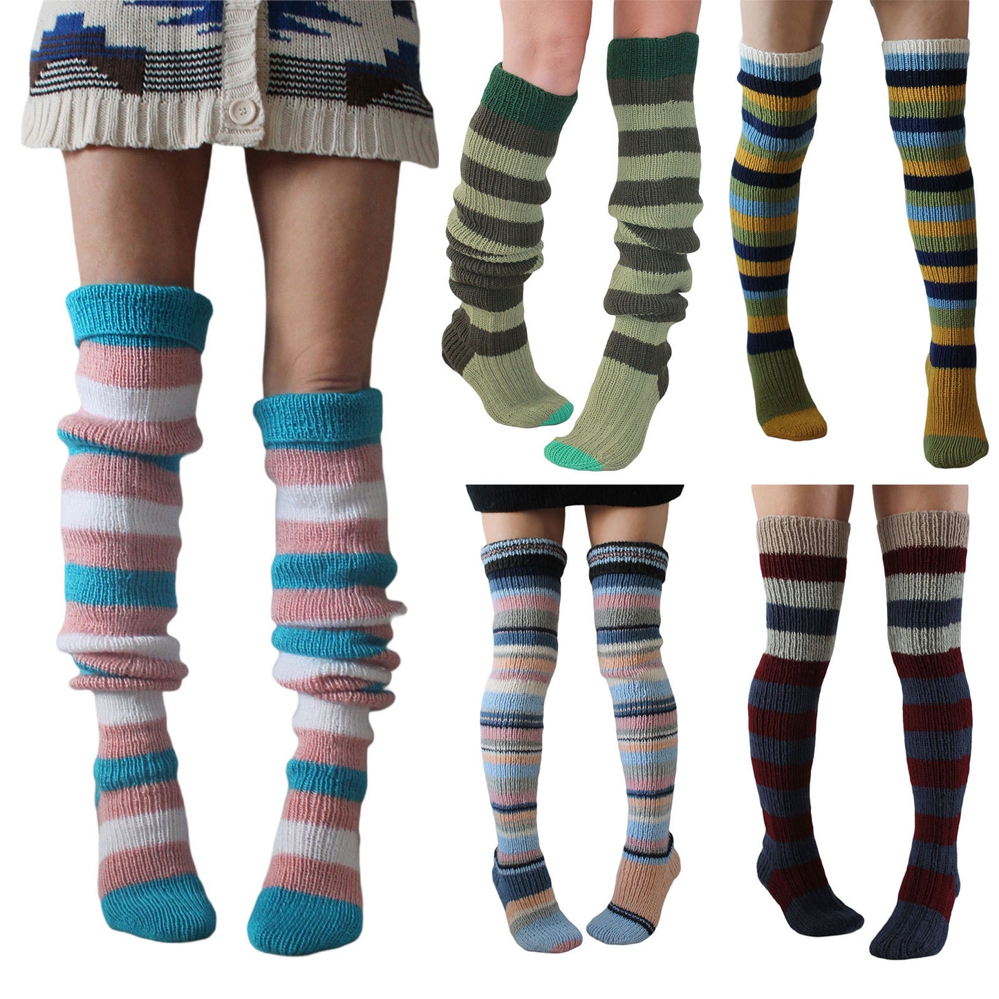 Collection of colorful striped knee-high socks on a white background