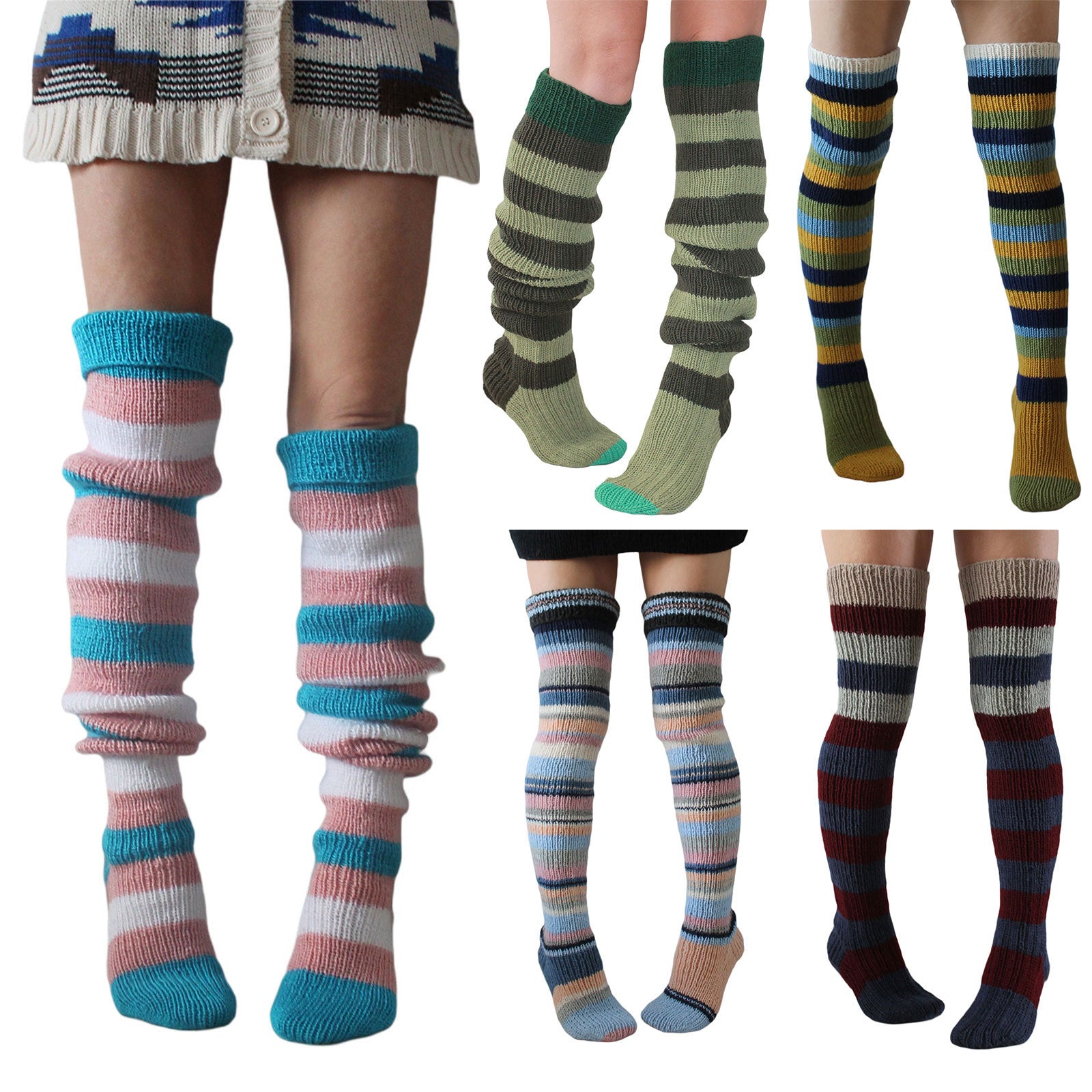 Collection of colorful striped knee-high socks on a white background