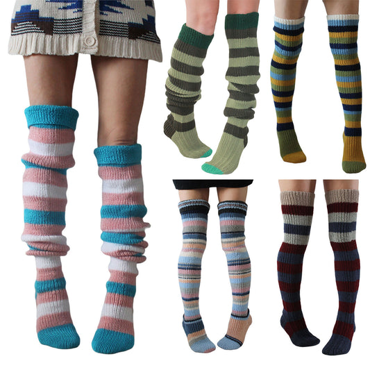 Collection of colorful striped knee-high socks on a white background