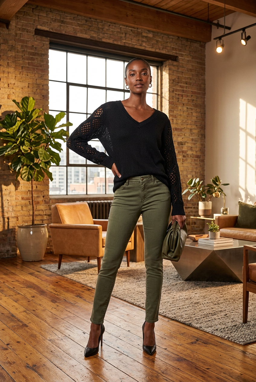 A woman wearing a black Women's Pointelle Knit V-Neck Sweater with sheer textured sleeves, olive green skinny pants, and black pointed heels. She is holding a small taupe clutch.