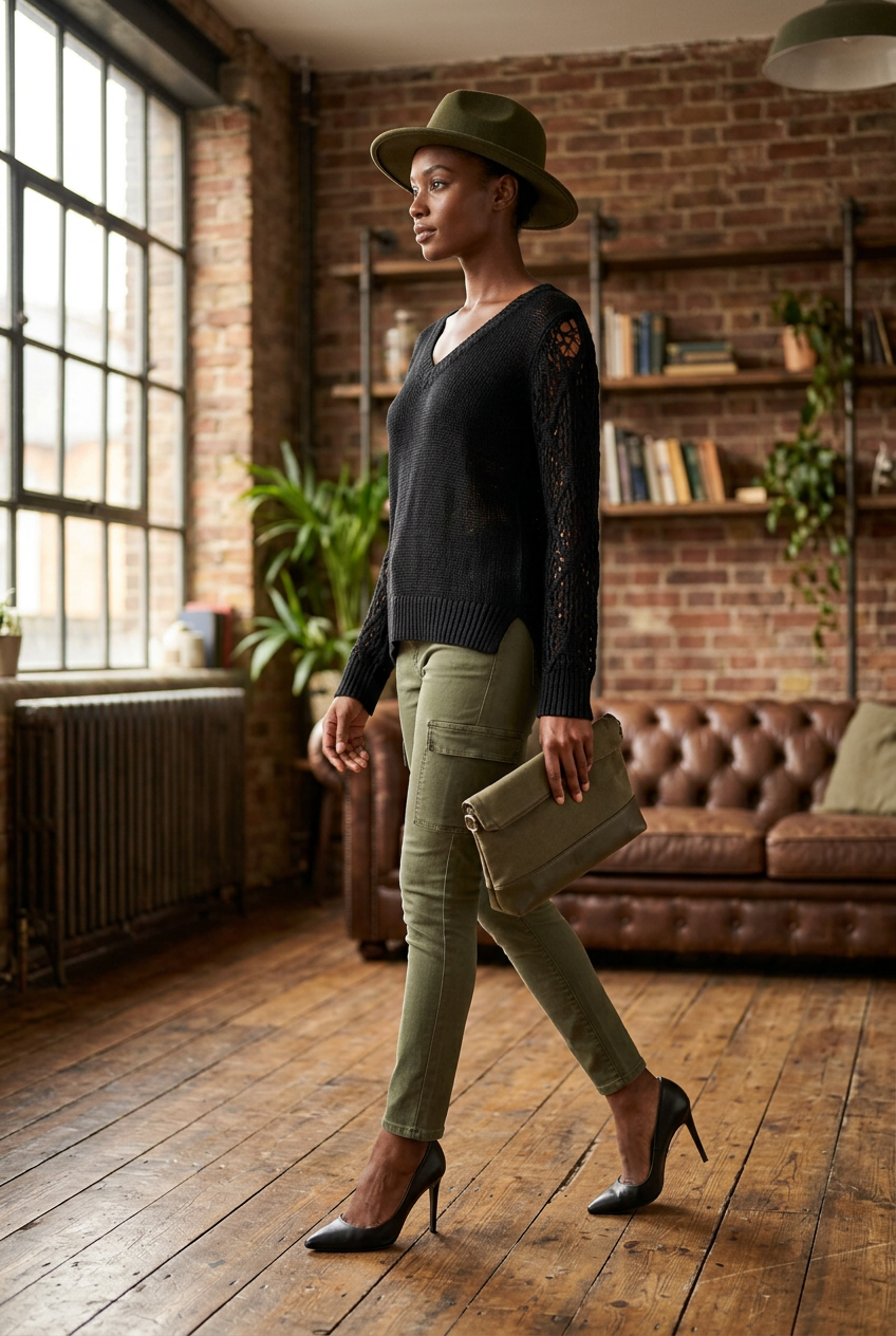A woman wearing an olive green wide-brim hat, a black lace-sleeve Women's Pointelle Knit V-Neck Sweater, olive green pants, and black heels, while holding a taupe clutch.