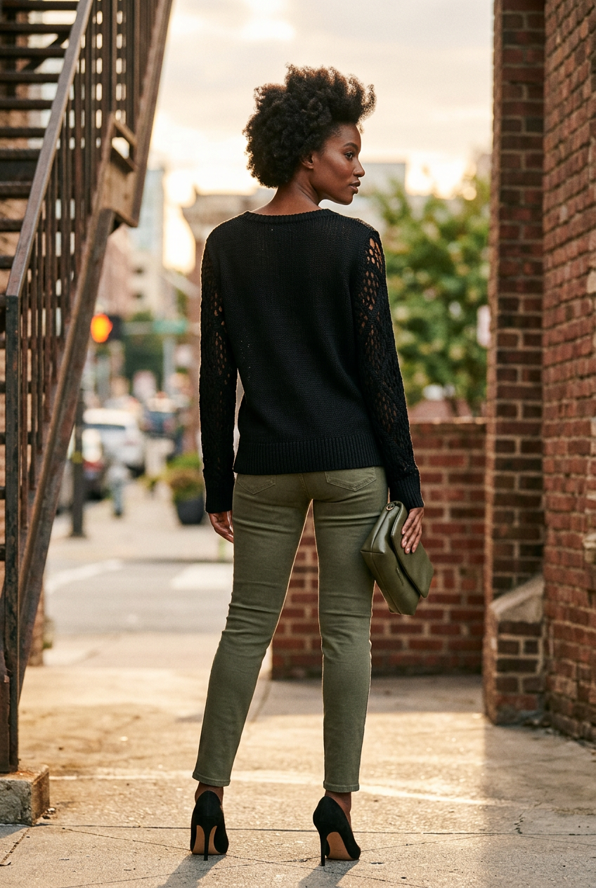 A woman wearing a  Pointelle Knit V-Neck Sweater with openwork lace sleeves, olive green skinny pants, and black heels, holding a small green handbag.
