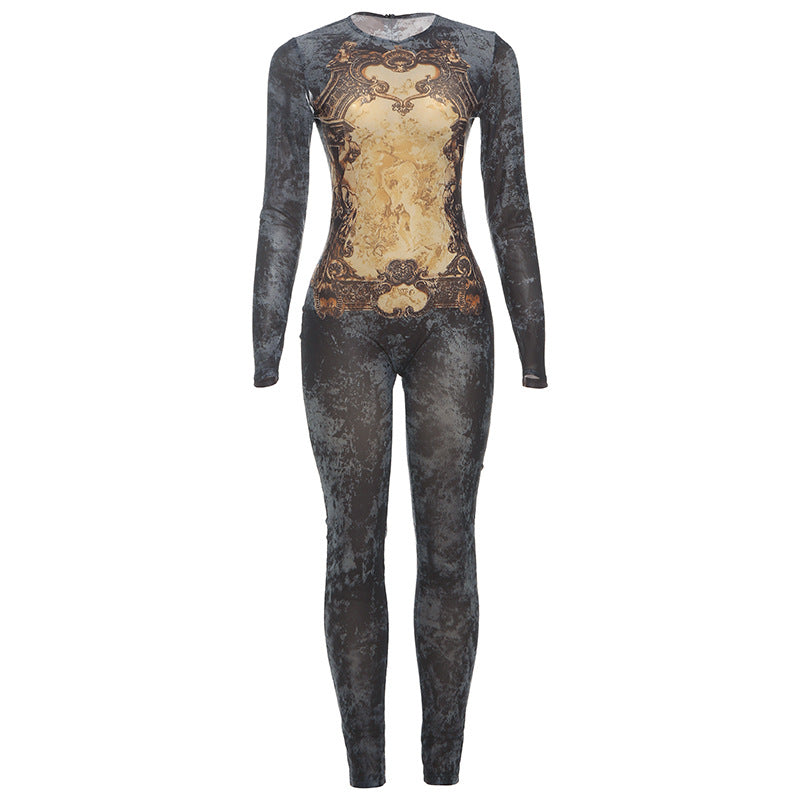 Full-body suit with intricate design on a white background