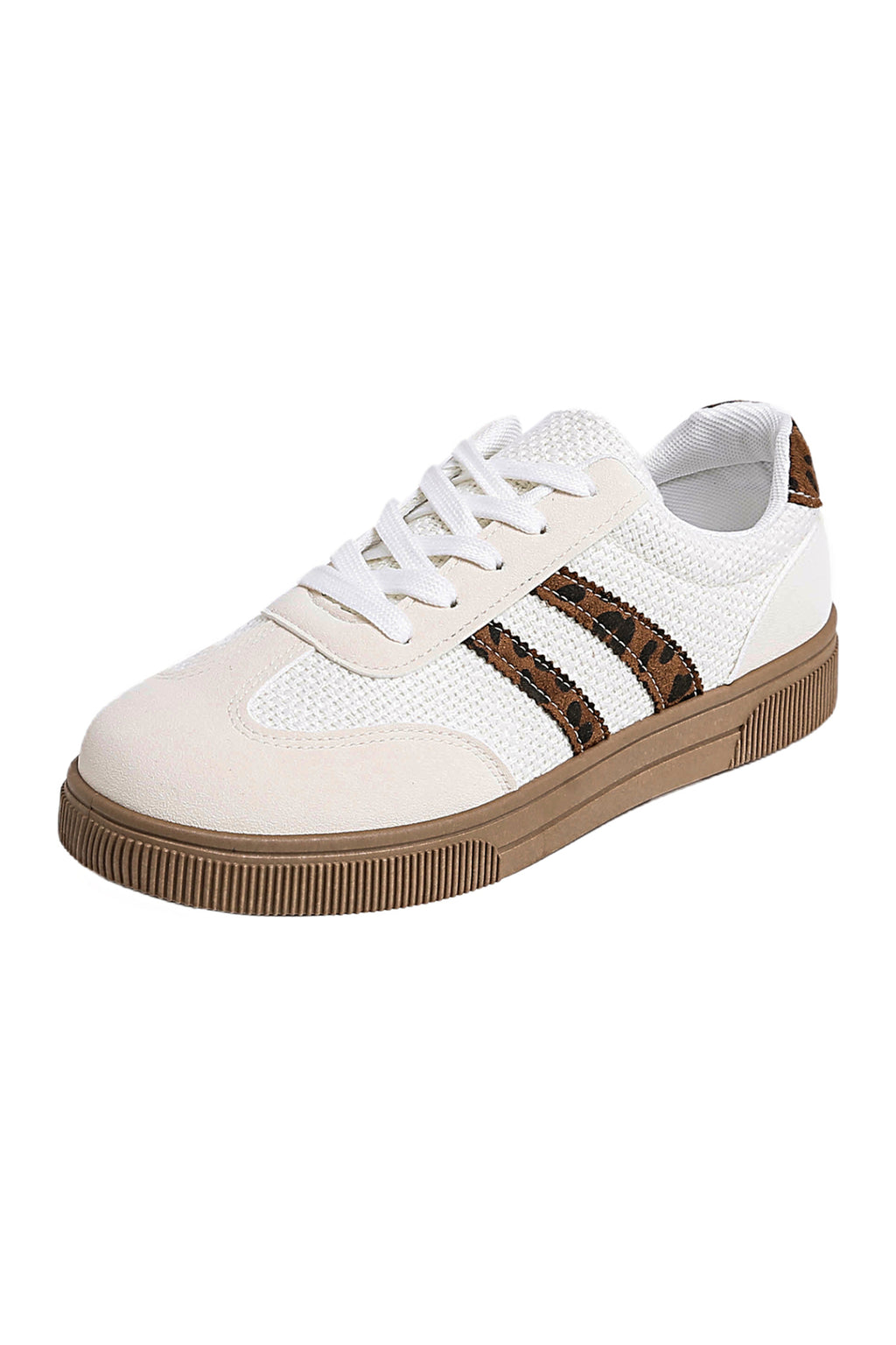 White sneaker with brown accents 