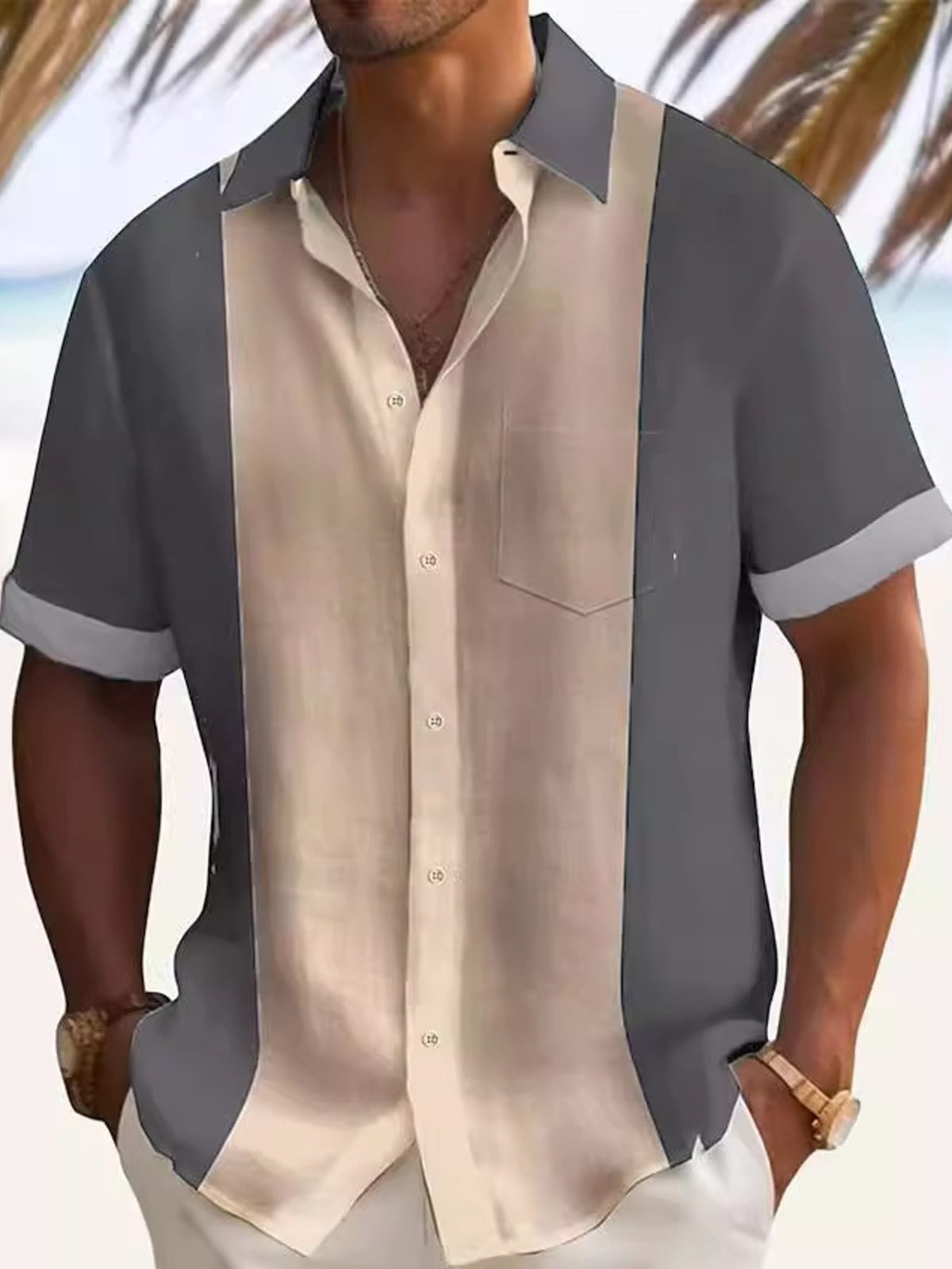 Men's Retro Color Block Vibe grey Shirt