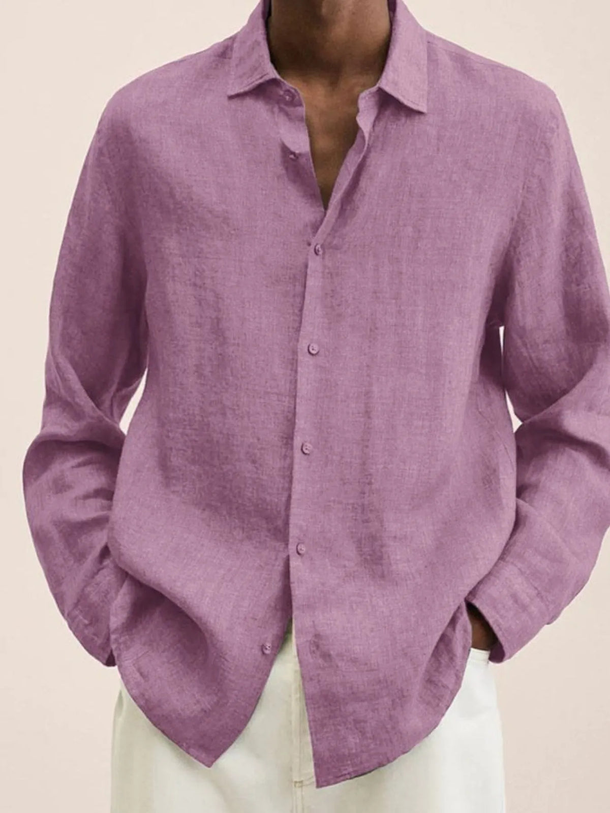  Model wearing a Men's Urban Casual dusty pink Button-Down Long Sleeve Shirt 