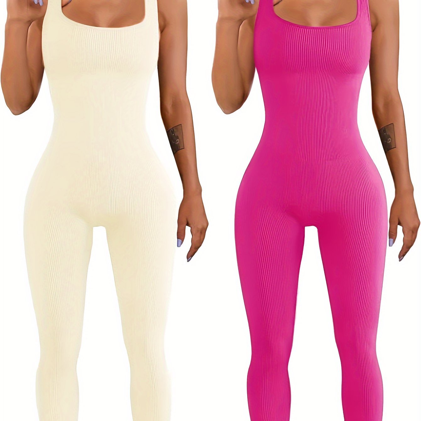 Two ribbed jumpsuits, one beige and one pink, worn by models on a white background.
