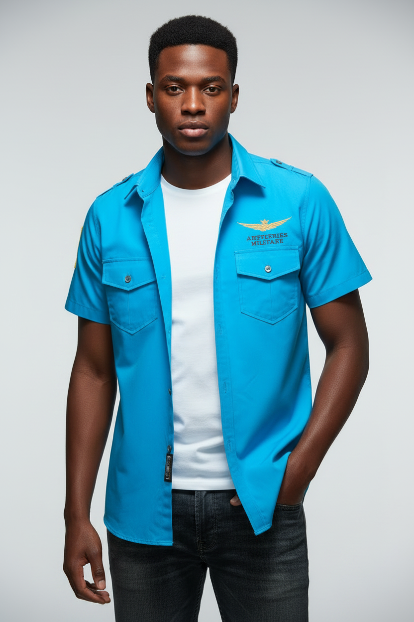Model wearing a Men's Fly Gear: sky blue Short Sleeve Patrol Shirt