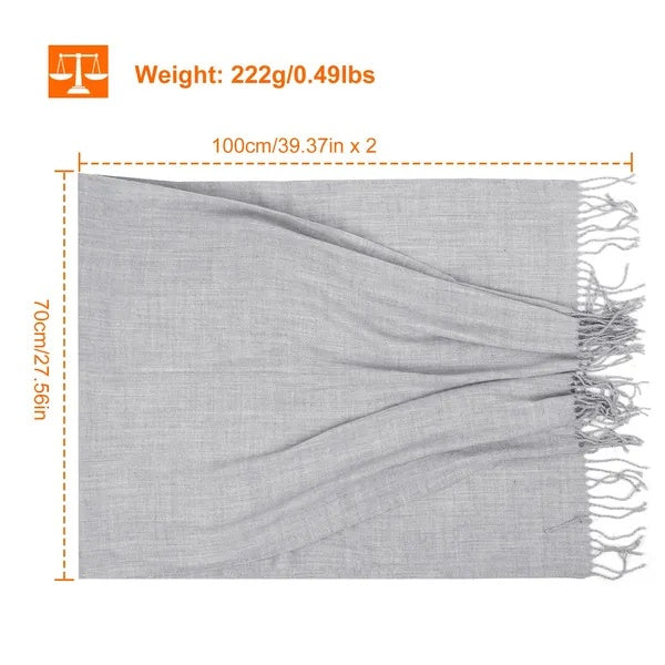 Gray scarf with measurements and weight information on a white background