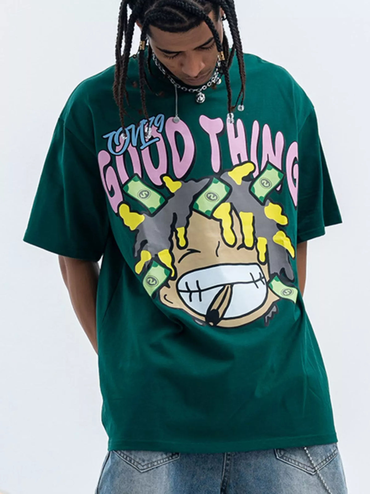 Model wearing a green fierceguy "Good Thing" graphic t-shirt