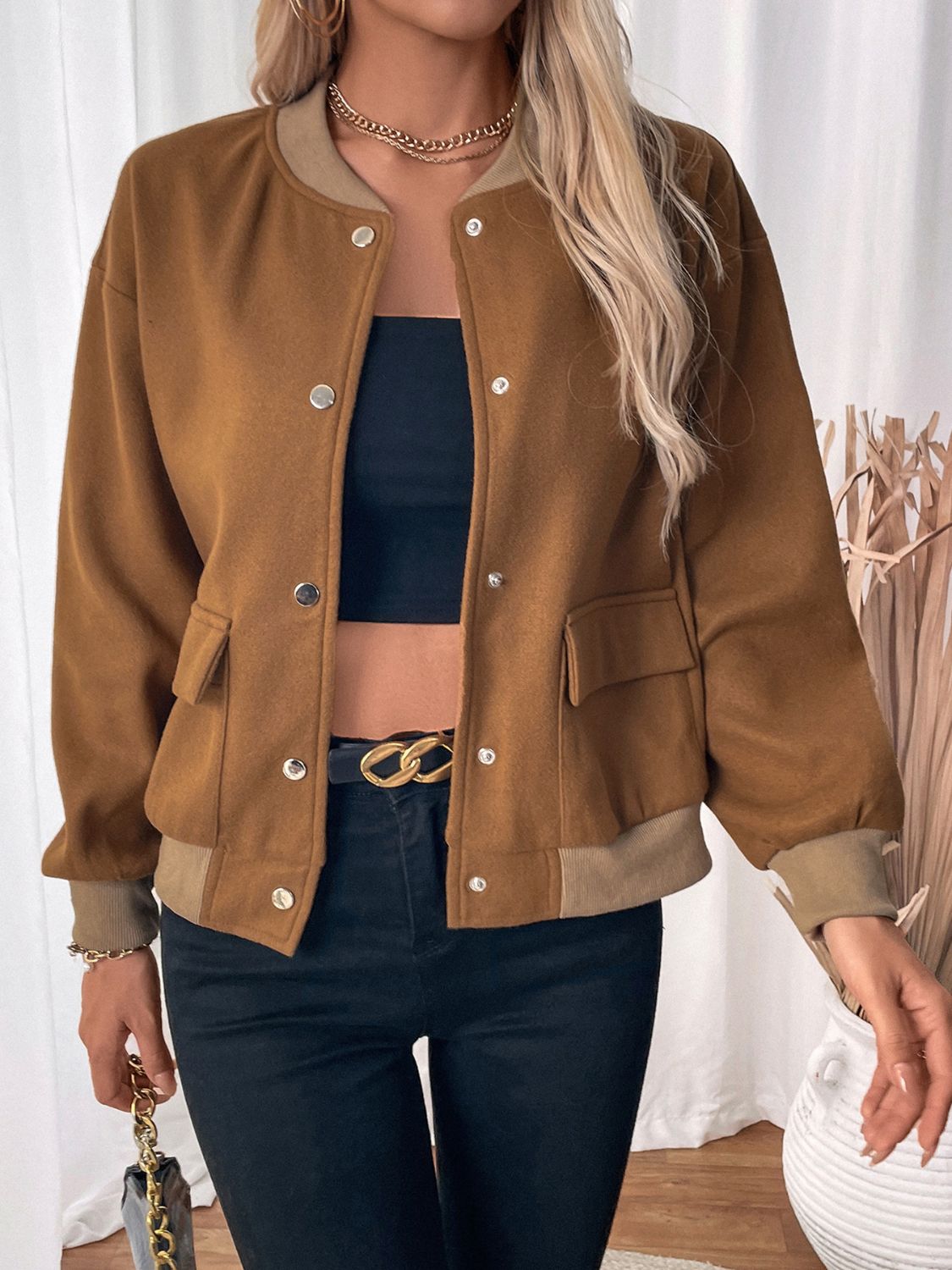 Model wear a Caramel Color Women's Stylish Sporty Baseball Collar Snap Down Jacket