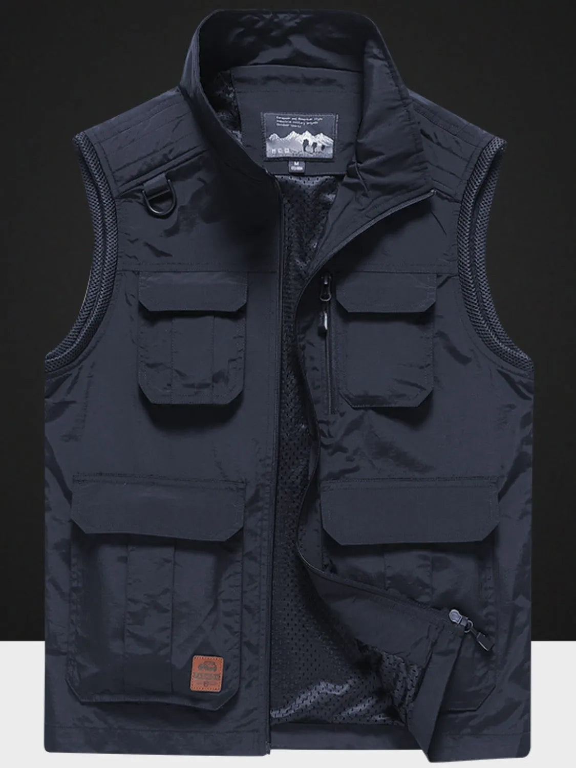 Men's navy blue colored Fisherman Style Zip Up Vest with Pockets