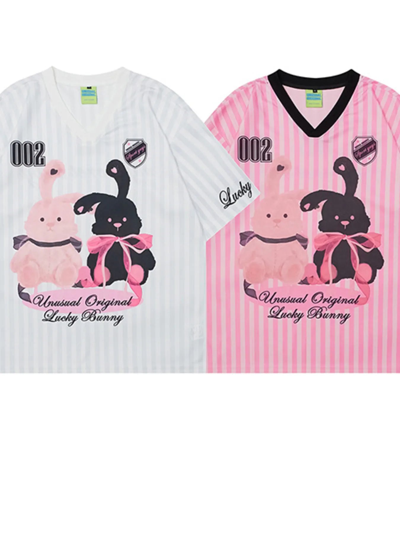 Unisex Unusual Original Bunny Baseball Style white and pink Shirt side by side