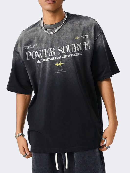 Male model wearing a black Men's "Power Source Excellent" Graphic Short Sleeve T-Shirt