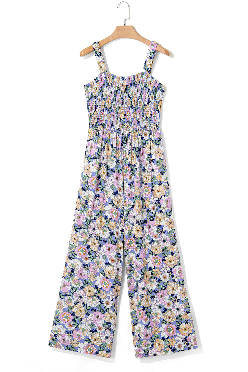 Floral jumpsuit on a hanger against a white background