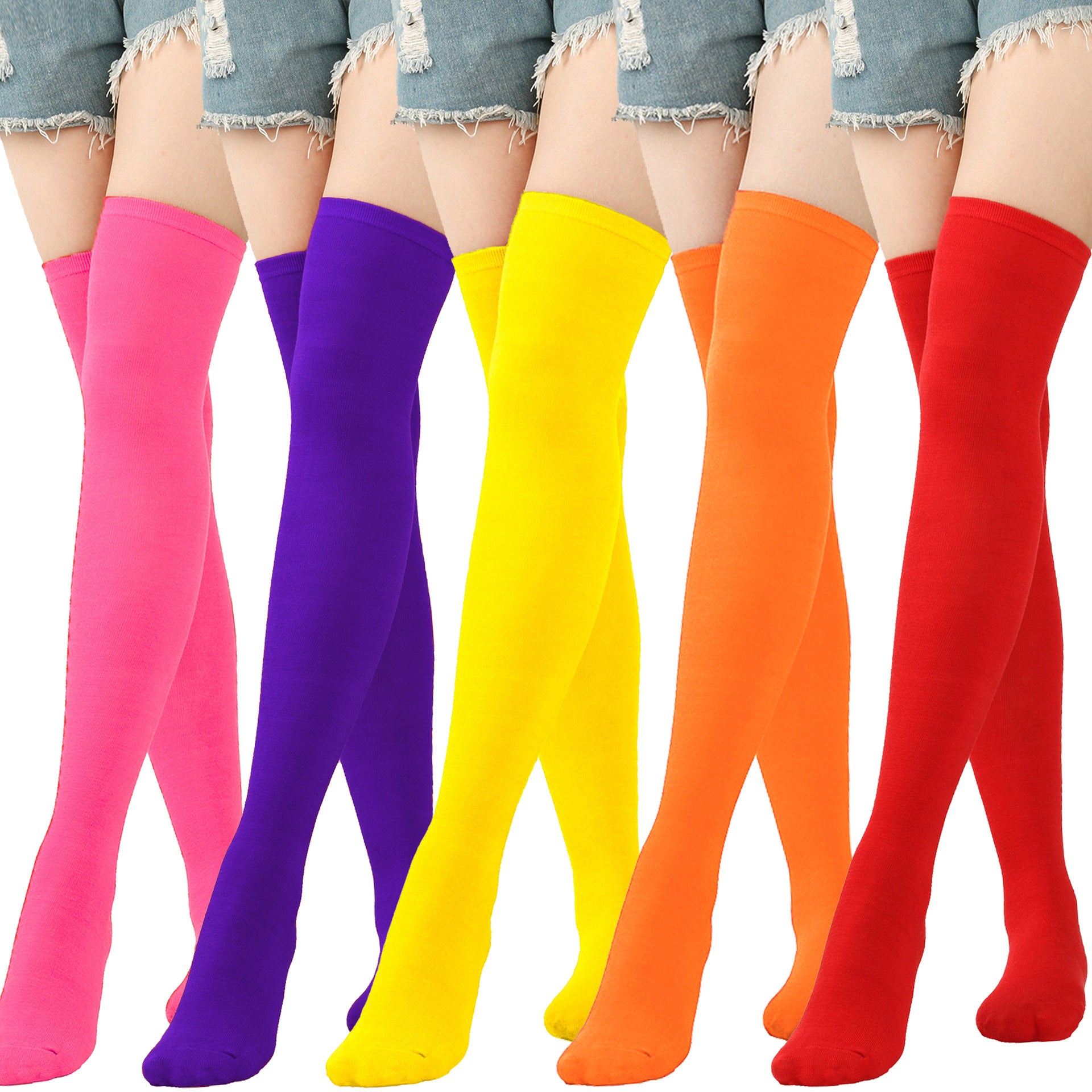 Set of colorful knee-high socks in pink, purple, yellow, orange, and red on a white background.