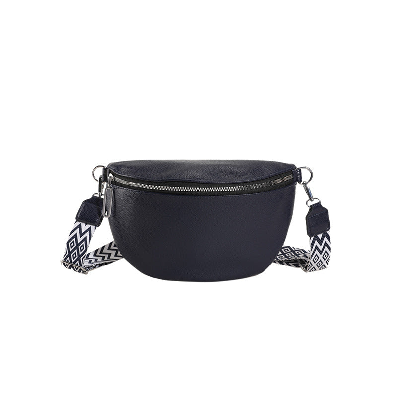 Black waist bag with patterned strap on a white background