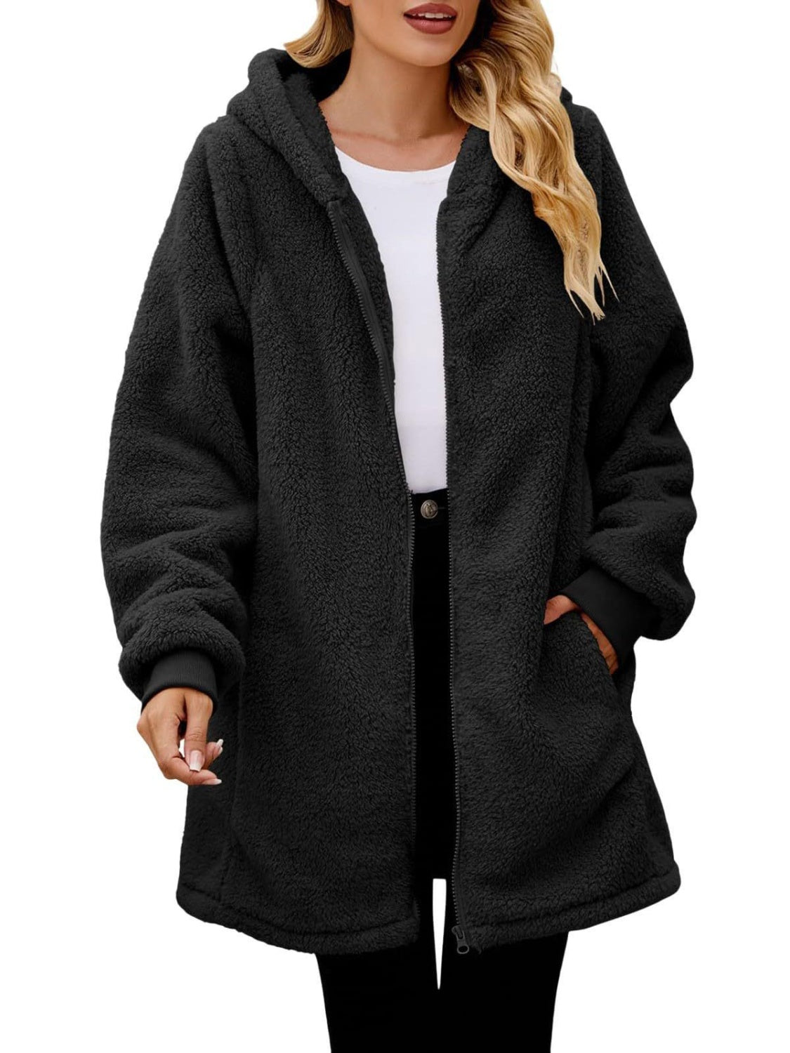 Model wearing a Black Cozy Women's Fuzzy Pocketed Hooded Jacket