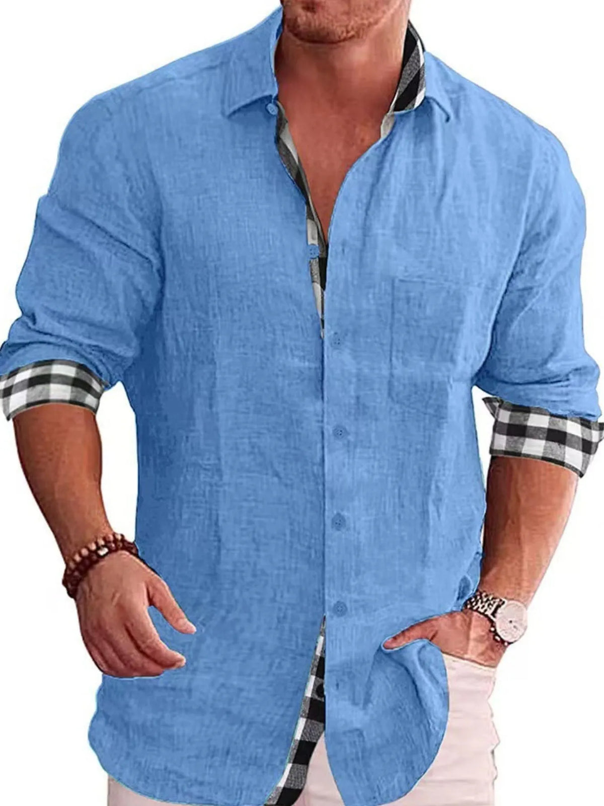 Male model wearing a blue Casual Linen Plaid-Trim Button Down Shirt