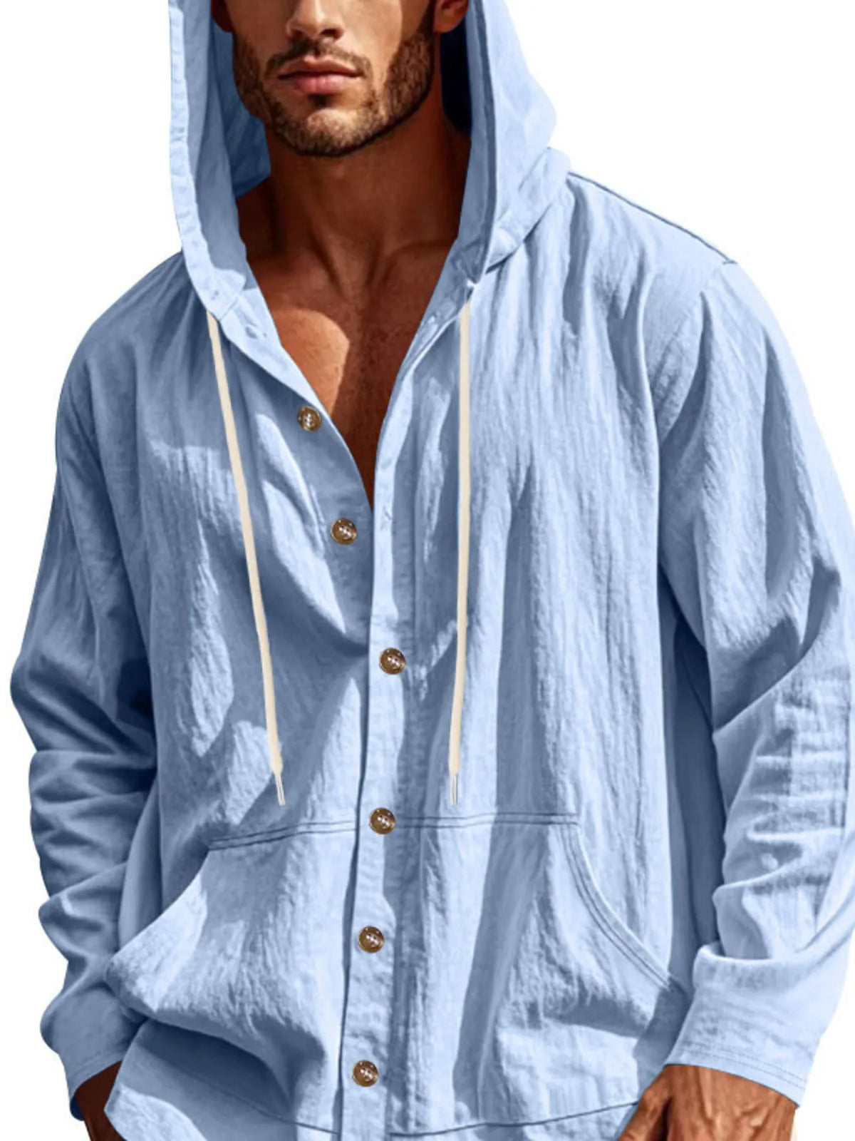 Men's sky blue colored Button Up Drawstring Hooded Top 