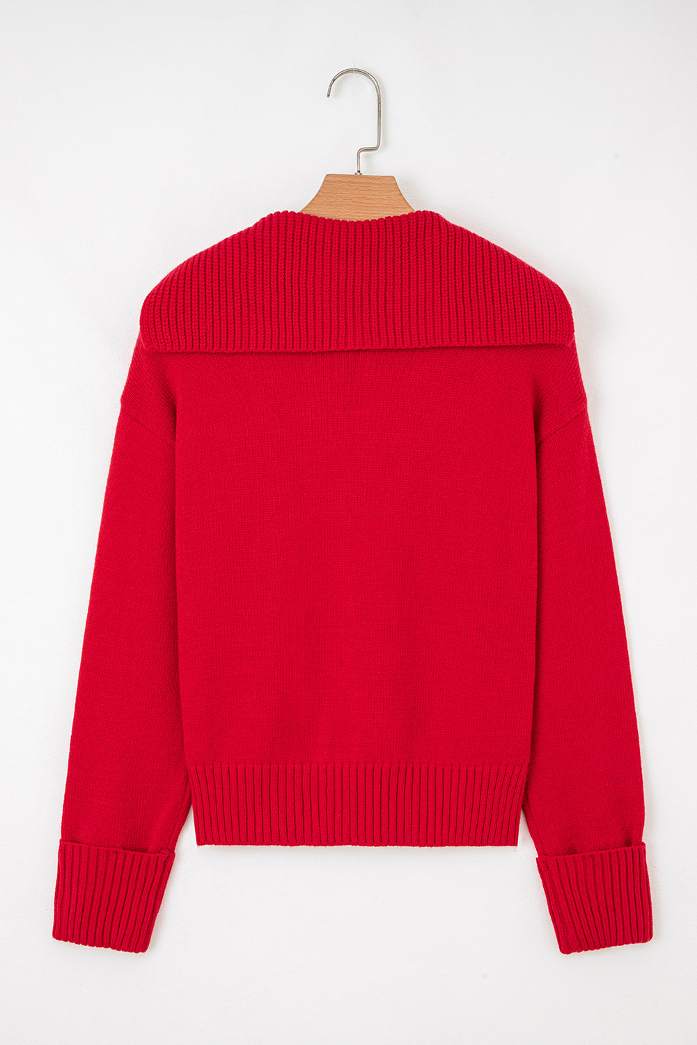 Racing Red sweater on a hanger Back view