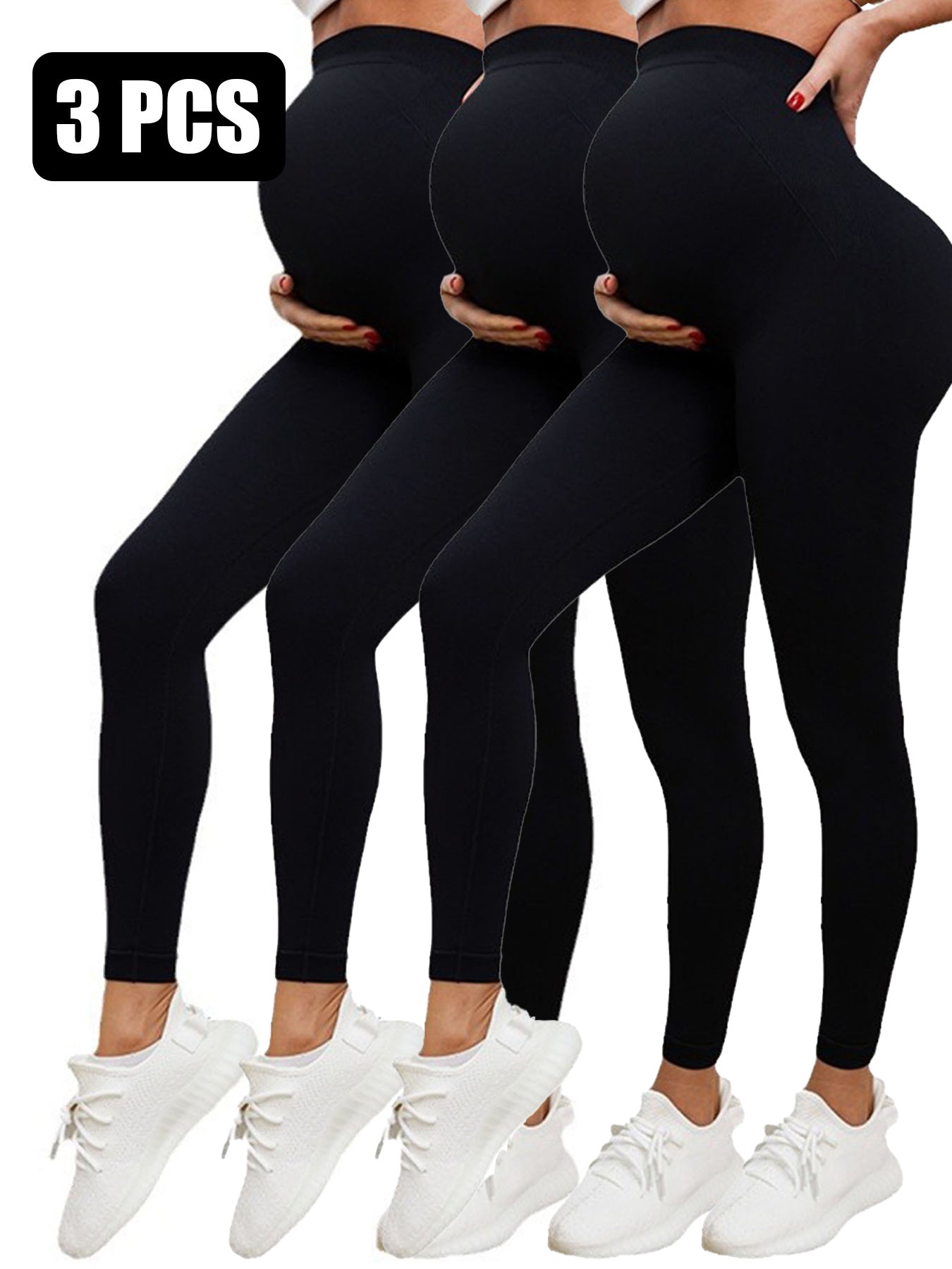 Three pairs of black leggings worn by models with white sneakers on a white background.