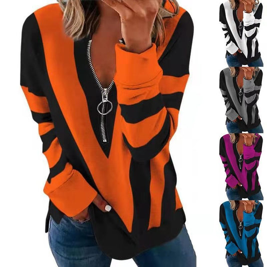 Orange and black striped zip-up hoodie with multiple color options displayed.