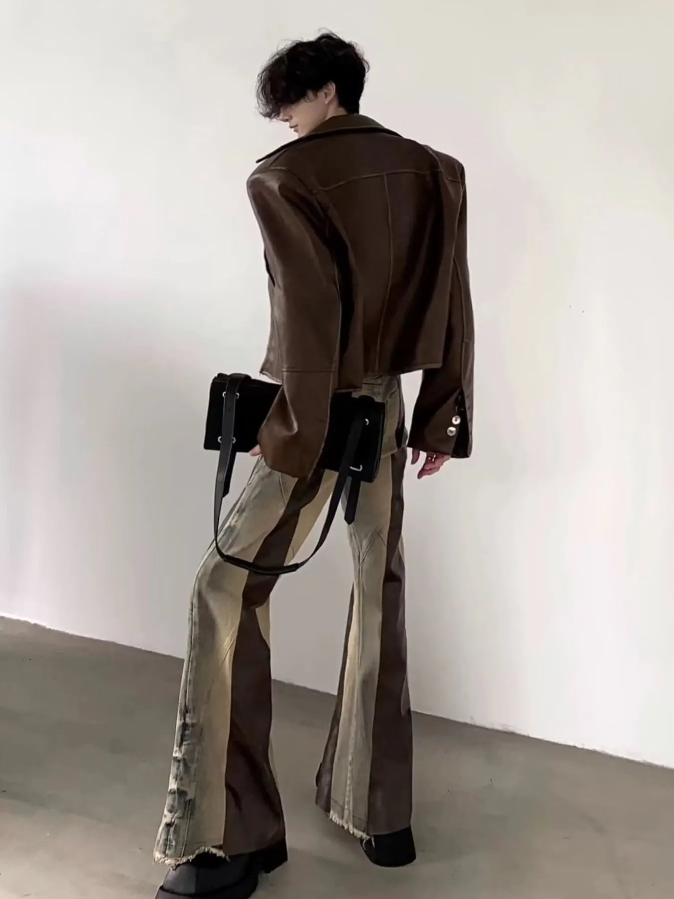Men's Vintage Washed Two-Tone Flare Jeans back angle view