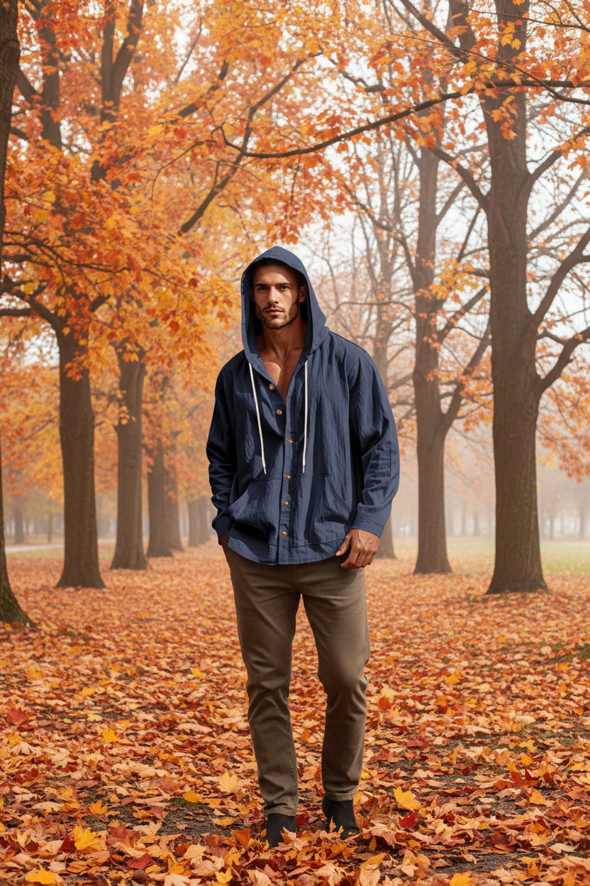 Male model wearing a Men's Navy Blue Button Up Drawstring Hooded Top  