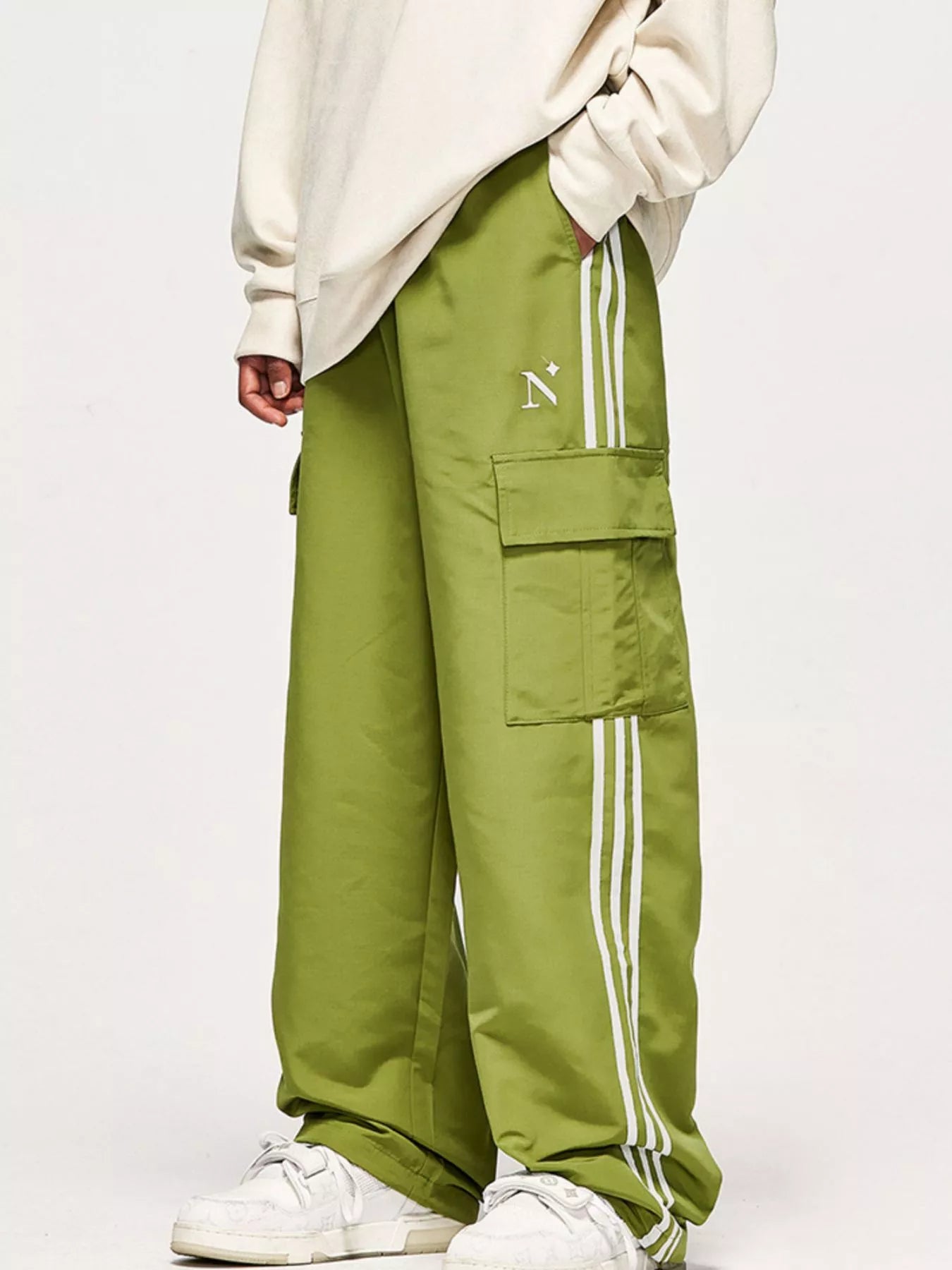 Avocado green Men's Side Striped Cargo Pants side view
