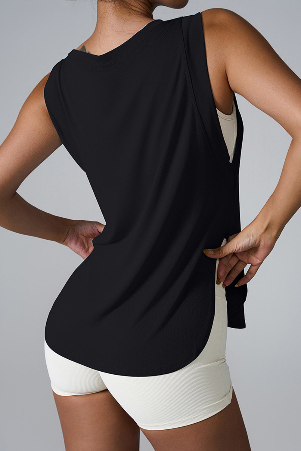 Women's Black Side Slit Round Neck Performance Tank T-Shirt-back view